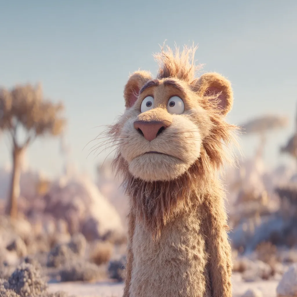 A fluffy, cartoon lion with wide, expressive eyes looks upward with a slightly worried expression.  He stands in a blurred, sun-drenched savanna landscape,  characterized by sparse vegetation and rocky terrain. The lion's fur is a light tan, and his features are exaggerated for comedic effect. The overall style suggests a CGI animation.