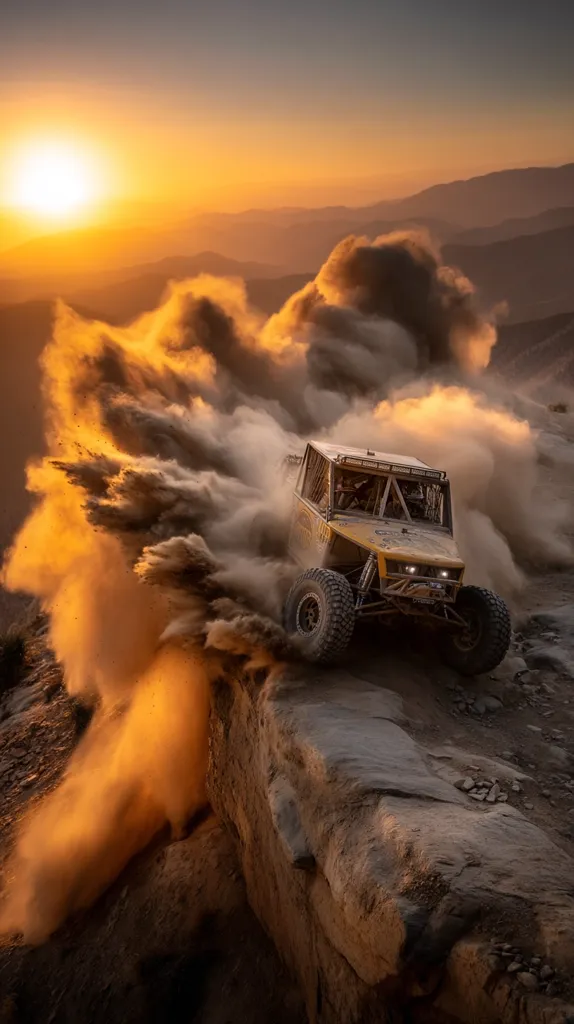 A yellow off-road vehicle bursts through a cloud of dust at sunset, traversing a rocky, mountainous terrain. The vehicle is captured mid-action, kicking up a significant plume of dirt and sand. The setting sun casts a warm, golden light on the scene, highlighting the dramatic landscape and the intensity of the race. The image showcases both the power of the vehicle and the beauty of the rugged environment.