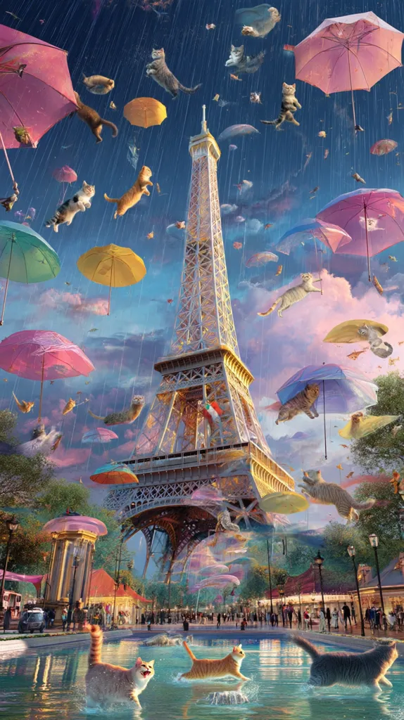 A whimsical scene depicts the Eiffel Tower amidst a rain of colorful umbrellas and airborne cats.  Numerous felines of various colors and poses float through the air, some seemingly attached to the umbrellas. The base of the tower is surrounded by a Parisian-style square with people and a reflecting pool where cats splash playfully. The overall atmosphere is surreal and joyous, a fanciful blend of Parisian architecture and feline fantasy.