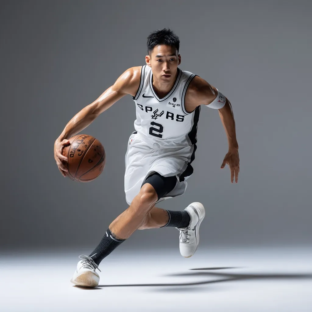 A San Antonio Spurs basketball player, number 2, is captured mid-stride, dribbling the ball.  He's wearing a white jersey and black shorts, his expression focused. The image is professionally shot against a neutral gray backdrop, highlighting the player's dynamic movement and athleticism.  His shoes are white, and the overall composition emphasizes speed and action.