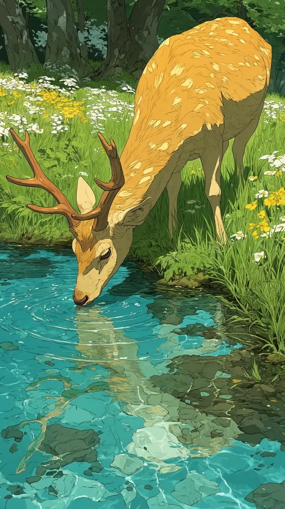A deer with large antlers drinks from a clear, shallow stream in a sun-dappled forest.  The water reflects the deer and the surrounding lush greenery.  Wildflowers bloom in profusion along the stream bank, adding vibrant color to the idyllic scene. The illustration showcases detailed textures and a peaceful, natural setting.