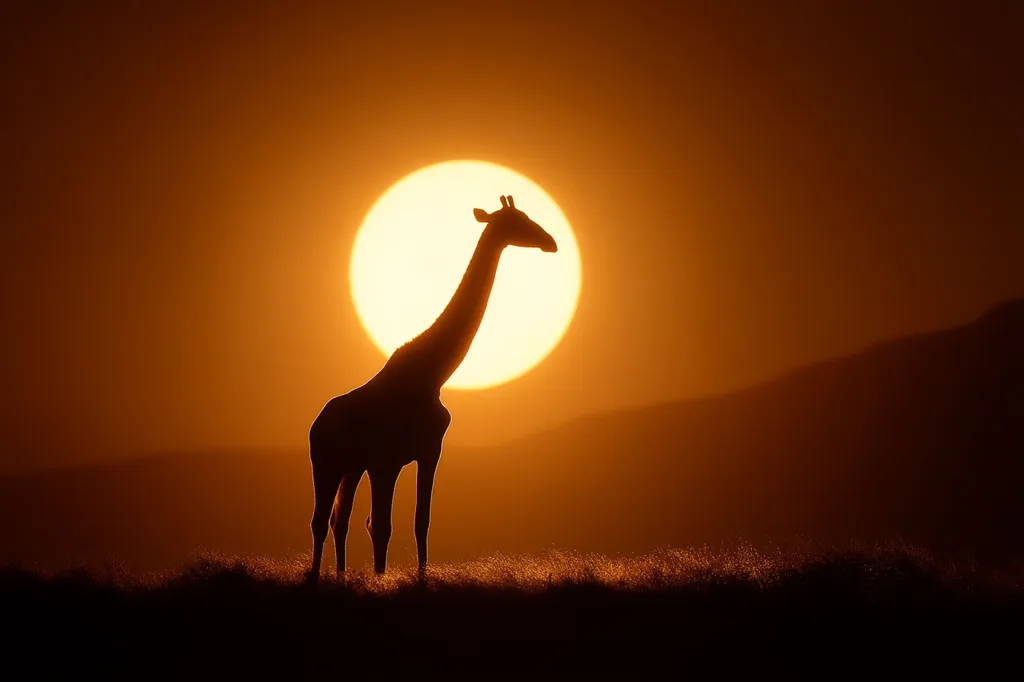 A majestic silhouette of a giraffe stands against a vibrant, large setting sun. The golden hues of the sunset illuminate the animal, creating a striking contrast against the darkening landscape. The scene evokes a sense of serenity and the beauty of the African savanna at dusk.  The giraffe's long neck and legs are sharply defined against the bright circular sun.