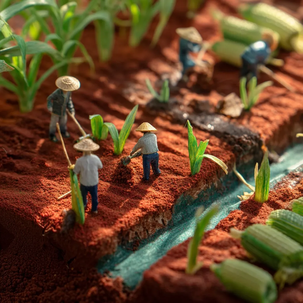 A miniature diorama depicts farmers tending a field.  Tiny figures, wearing conical hats, work the reddish-brown soil, planting and weeding amongst rows of young crops. A small irrigation ditch runs through the scene, adding to the realistic detail.  The overall effect is one of peaceful rural life, captured in meticulous miniature.