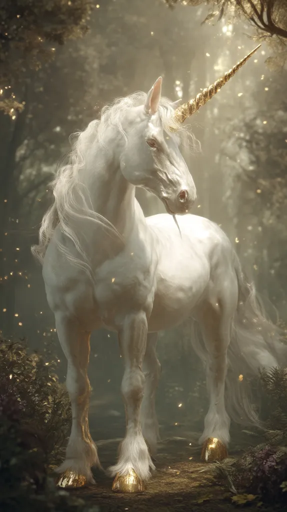 A majestic white unicorn stands in a mystical forest, its long, flowing mane and tail catching the soft light filtering through the trees.  Golden particles float in the air, adding to the ethereal atmosphere. The unicorn's horn spirals elegantly, and its hooves gleam with a golden sheen.  The scene is serene and magical, evoking a sense of wonder and enchantment.