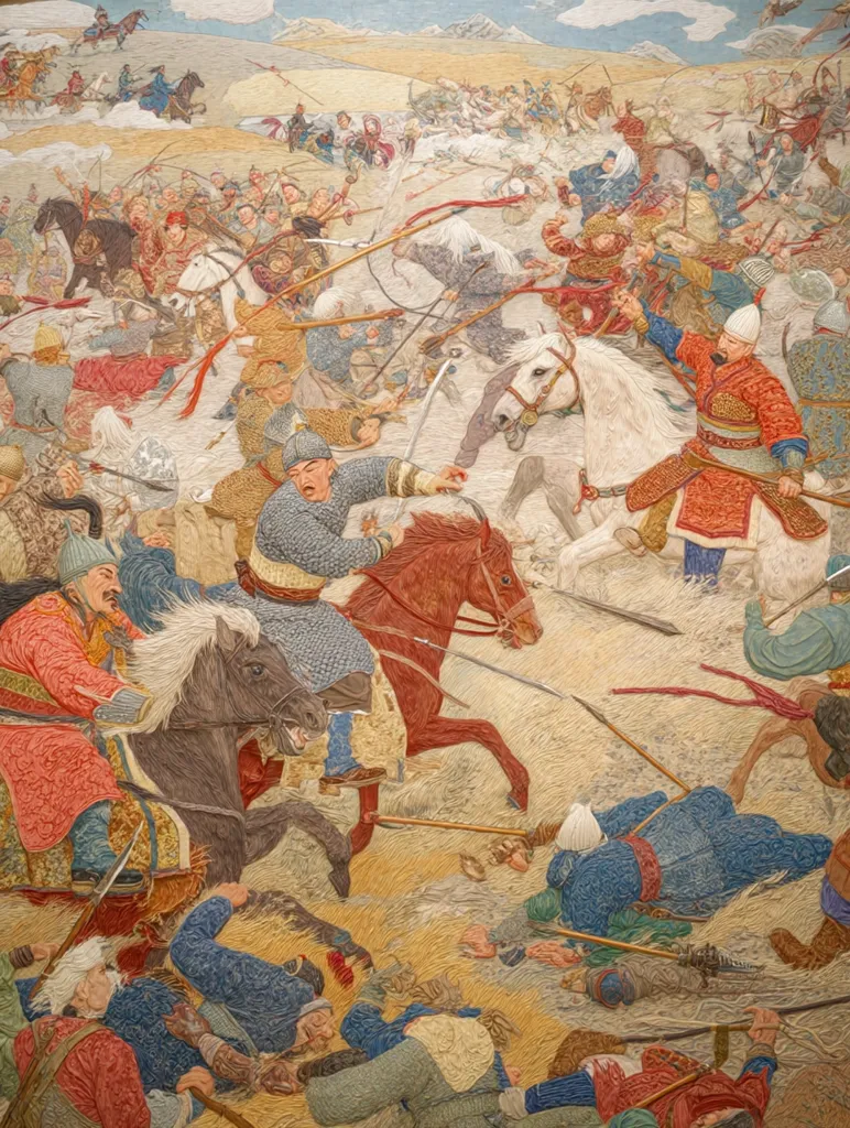 A vibrant tapestry depicts a chaotic battle scene.  Horse-mounted warriors, clad in colorful, intricately detailed attire, clash amidst a flurry of spears and lances.  The landscape is rendered in earthy tones, contrasting with the bright clothing and the white of the horses. Fallen soldiers litter the ground, highlighting the intensity of the conflict. The style suggests a historical or mythological event, with a focus on the dynamism of the fight.