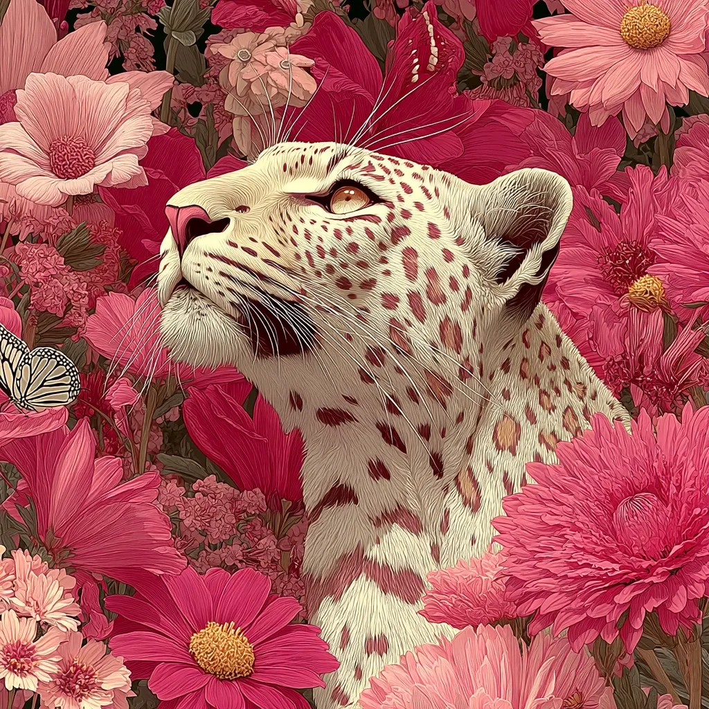 A majestic white leopard, adorned with dark reddish-brown spots, gazes upward amidst a vibrant profusion of pink flowers.  The leopard's fur is exquisitely detailed, contrasting beautifully with the blossoms.  A delicate butterfly rests on a nearby bloom, adding to the idyllic, almost surreal, scene. The overall impression is one of serene beauty and unexpected juxtaposition.