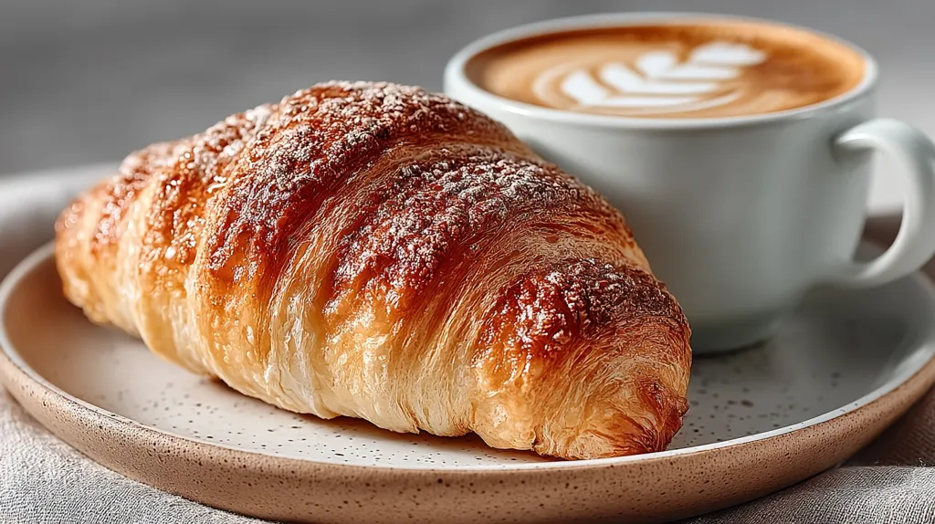 A flaky, golden-brown croissant, dusted with powdered sugar, rests on a speckled plate beside a cup of latte art coffee. The croissant's layers are visible, suggesting a buttery, rich texture. The coffee boasts a delicate, professionally made leaf design. The scene is set on a neutral-toned linen tablecloth, creating a simple yet elegant breakfast or brunch setting.