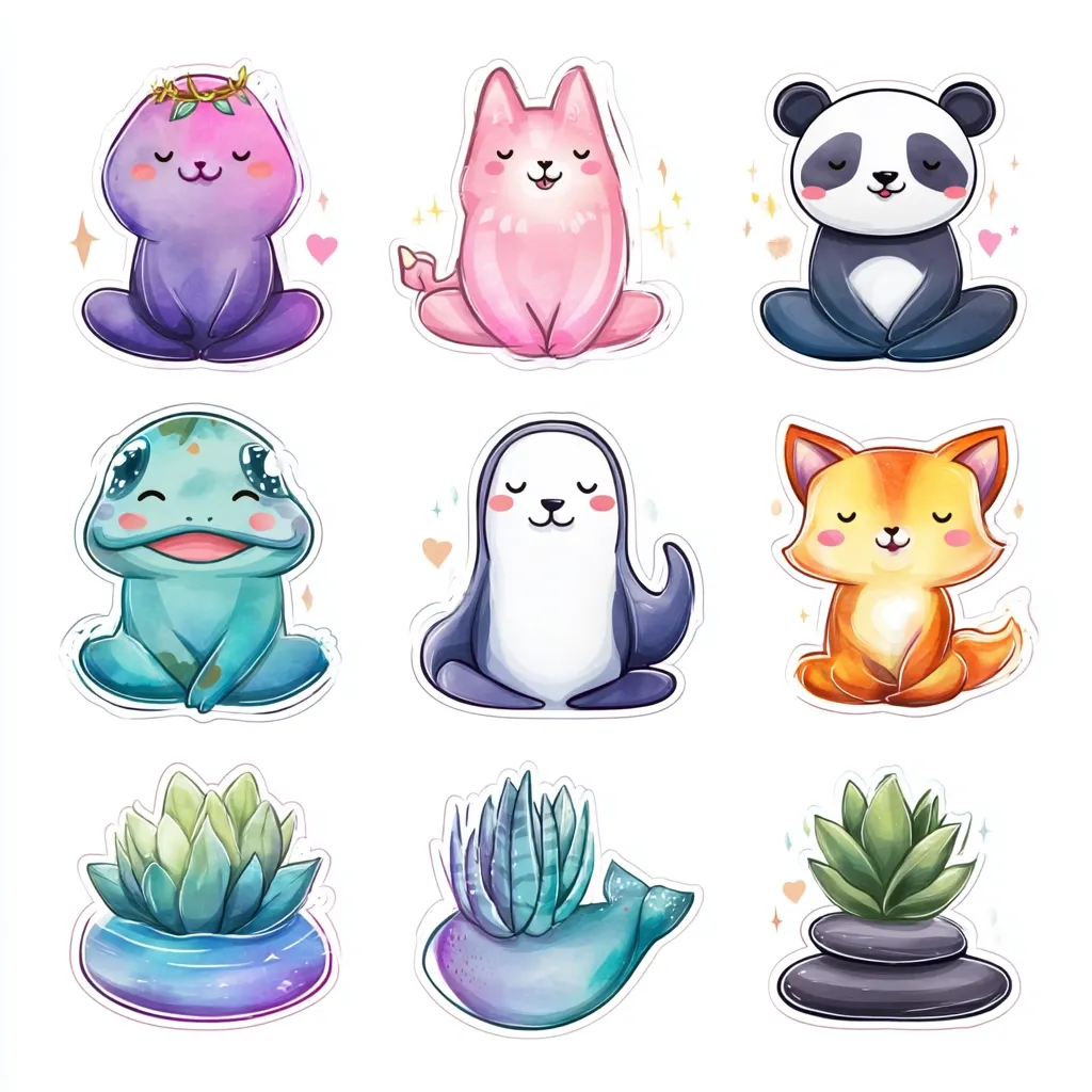 Nine adorable cartoon stickers featuring animals and succulents in peaceful yoga poses.  A purple frog, pink dog, panda, teal frog, penguin, orange fox, succulent in a pot, succulent on stones, and a whale with a succulent on its back.  Each sticker is outlined with white and features pastel colors and sparkling details.  They have a calming and cute aesthetic.