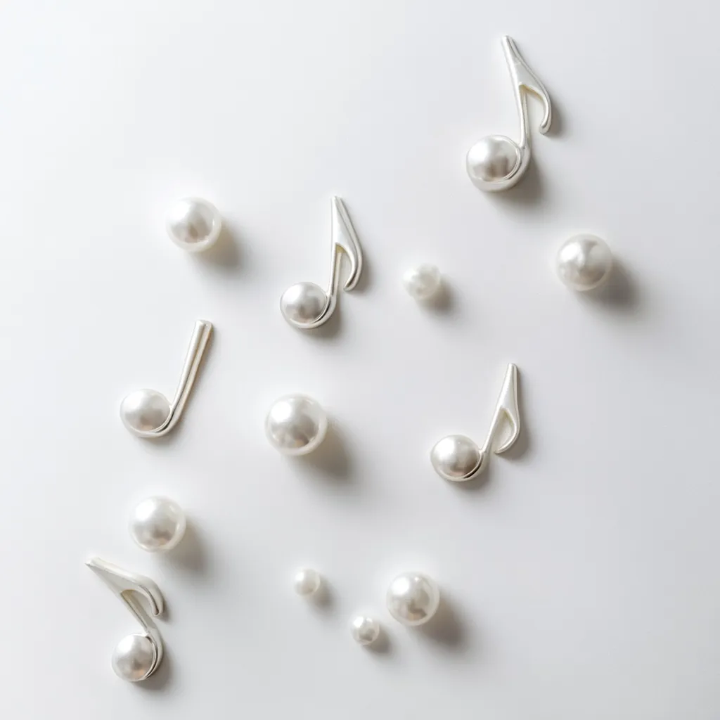 Scattered across a white background are several silver musical note charms and white pearls of varying sizes. The arrangement is aesthetically pleasing, with the pearls and notes creating a visually interesting pattern.  The overall impression is one of delicate elegance and musicality.