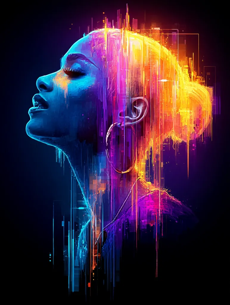 A vibrant digital portrait of a woman, her face rendered in cool blues, contrasted by warm oranges and yellows in her hair styled in a bun.  The image employs a glitch art style, with vertical streaks of color creating a dynamic and energetic feel.  She wears large hoop earrings, and her eyes are closed, suggesting serenity or contemplation. The dark background enhances the artwork's luminous quality.