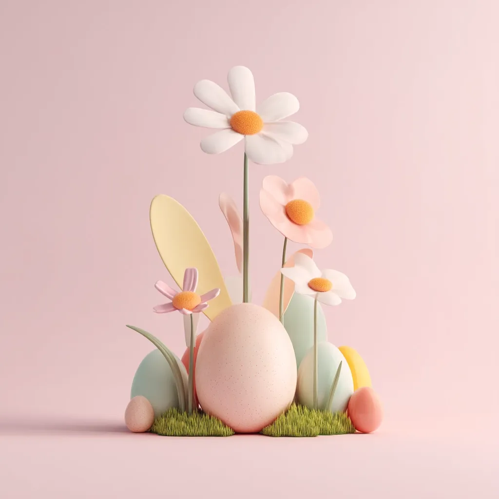 A pastel-colored Easter scene features a cluster of stylized pastel eggs nestled in green grass, surrounded by whimsical flowers.  A large, speckled pink egg dominates the center, flanked by smaller eggs in mint and yellow.  The flowers are simple, yet elegant, adding to the overall delicate and charming aesthetic. The background is a soft pink, enhancing the springtime feel.