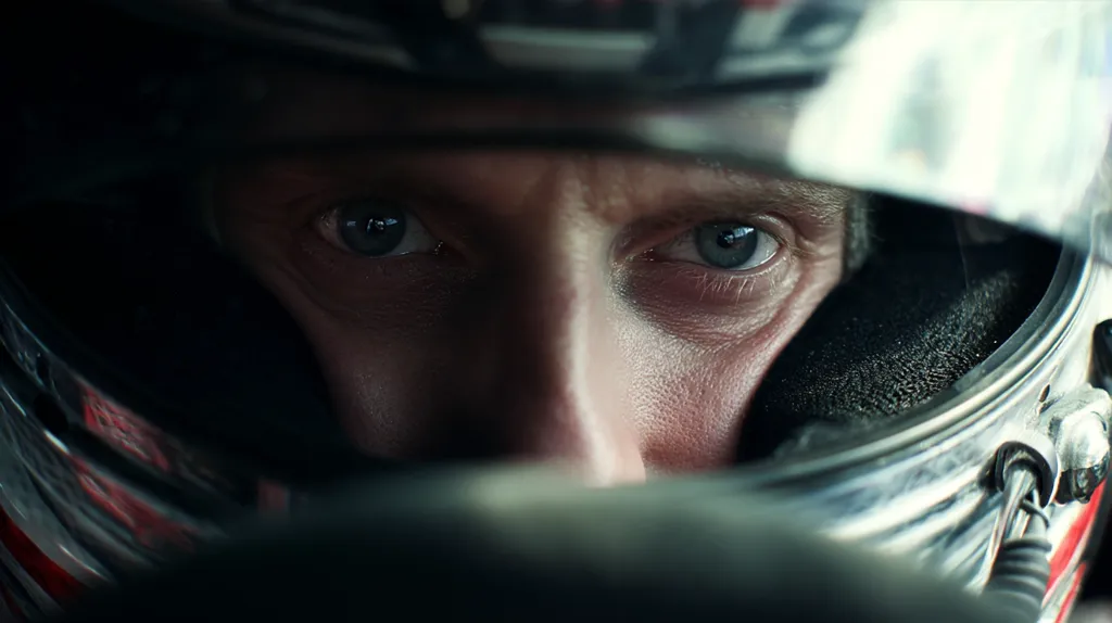Close-up view of a race car driver's intense gaze from behind the visor of his helmet.  His eyes, reflecting determination and focus, are the central point of the image, partially obscured by the dark interior of the helmet.  The metallic sheen of the helmet and the blurred background suggest the speed and intensity of the racing environment.  The overall mood is one of concentration and adrenaline.