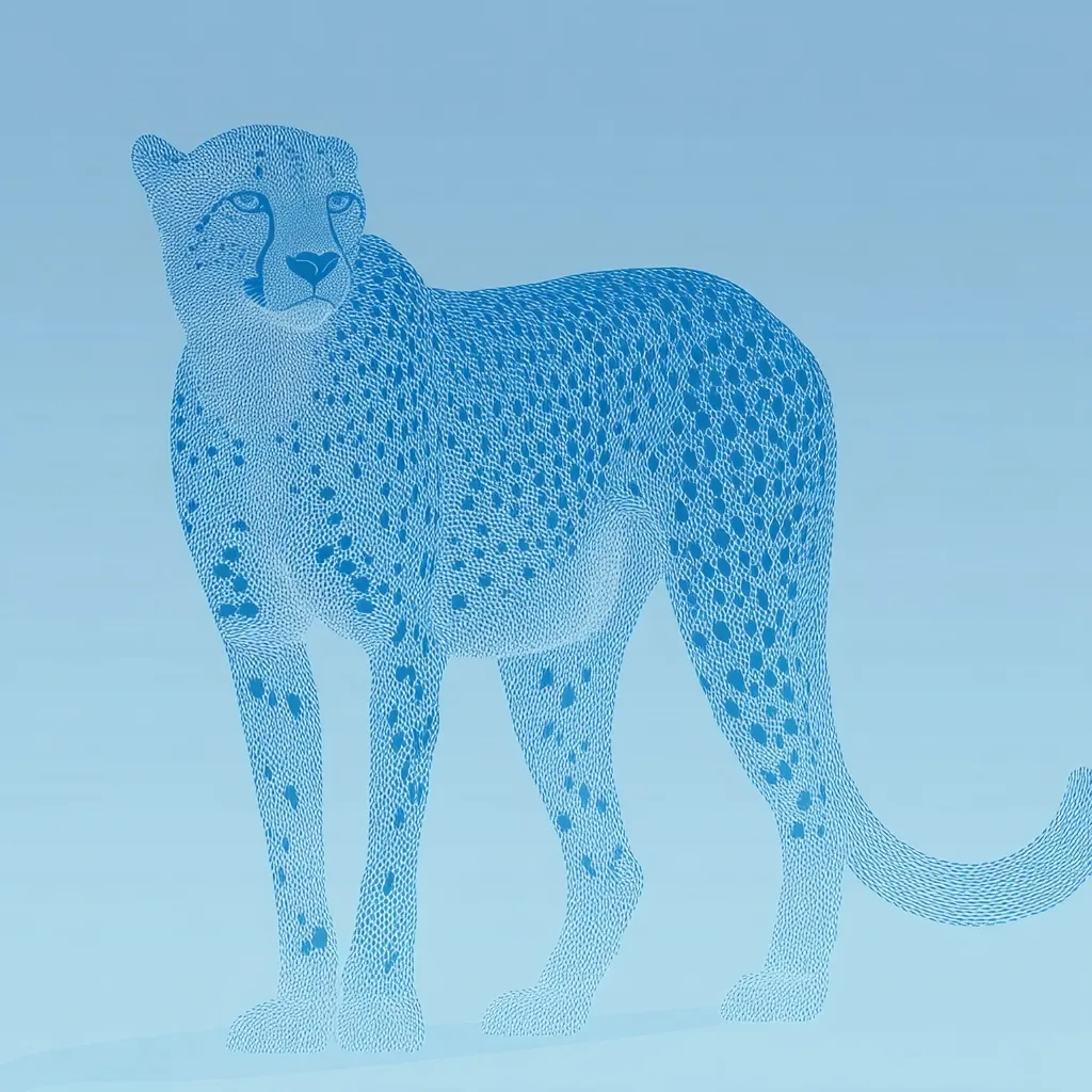 A stylized illustration of a cheetah is depicted in shades of blue against a light blue background.  The cheetah is rendered in a detailed, almost pointillist style, with its spots meticulously crafted from tiny dots. The animal stands in profile, its gaze directed slightly away from the viewer, conveying a sense of alertness and grace. The overall effect is both elegant and modern.