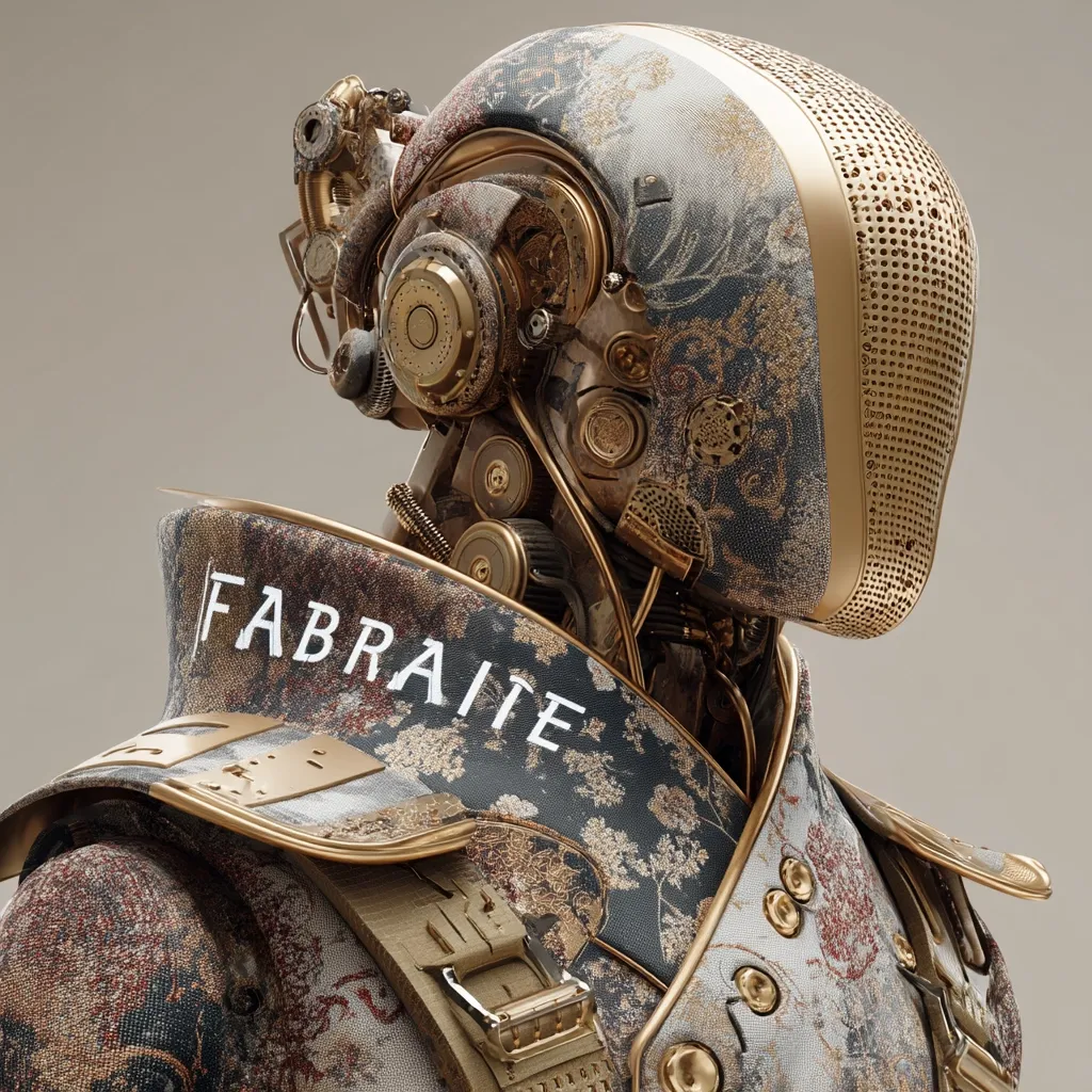 A detailed close-up reveals a meticulously crafted robotic figure.  Its head is encased in a gold and patterned helmet, featuring intricate mechanical components visible beneath a textured, floral fabric.  The robot's shoulder armor displays the word "FABRAITE" embroidered on the same fabric. The overall aesthetic blends steampunk elements with a luxurious, almost baroque, design.  The gold accents and detailed mechanisms create a striking visual contrast.