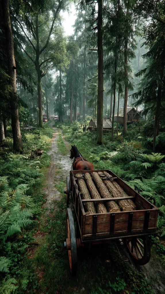 A horse-drawn cart laden with logs travels down a dirt road through a lush, green forest.  Tall trees and ferns line the path, creating a dense, shaded canopy.  A small village is visible in the distance, nestled amongst the trees. The overall scene evokes a sense of rural tranquility and historical charm.
