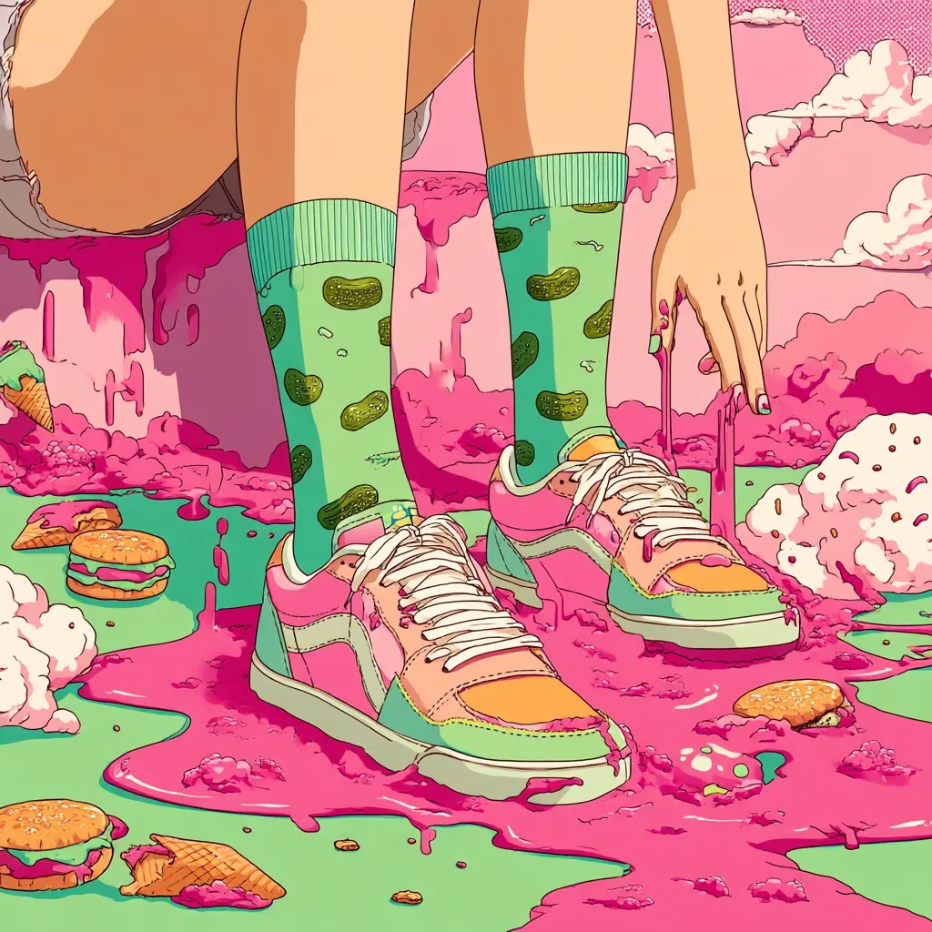A vibrant illustration showcases a person's legs clad in pickle-patterned socks and pastel sneakers, submerged in a pool of melted pink ice cream.  Surrounding them are various desserts like ice cream cones, cookies, and mini burgers, all contributing to the whimsical, surreal scene. The style is cartoonish and playful, emphasizing bold colors and dripping textures.  The person's hand interacts with the melting ice cream, adding to the dynamic composition.