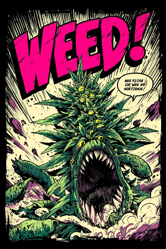 A monstrous creature, its body formed from a massive marijuana plant, roars in a comic book style illustration.  The creature's gaping maw is filled with sharp teeth, and its eyes glow.  The word "WEED!" explodes in vibrant pink lettering above it, emphasizing the theme of cannabis.  A speech bubble contains nonsensical text, adding to the image's playful and slightly chaotic energy.  The overall style is gritty and darkly humorous.