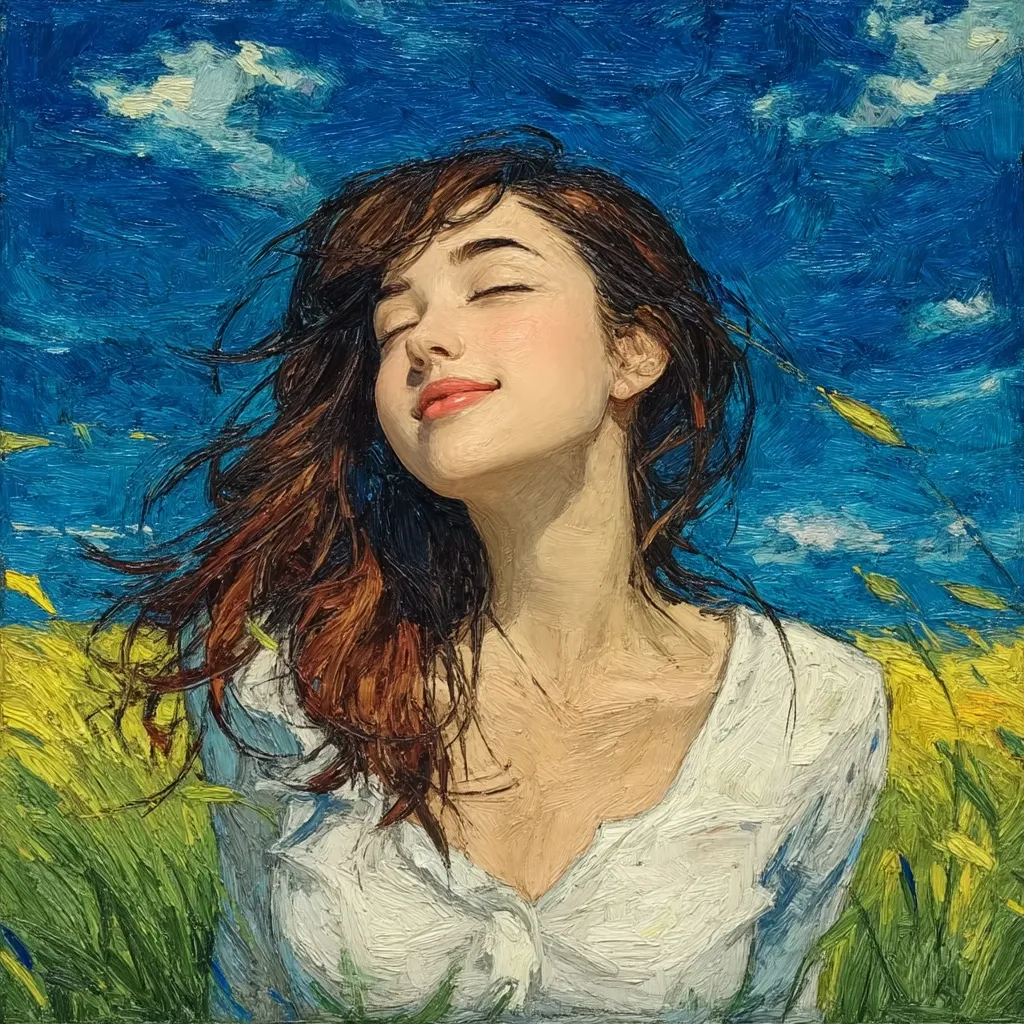 A young woman with long brown hair, eyes closed, basks in the sun amidst a field of tall grass under a vibrant blue sky.  Her white blouse is loosely buttoned, and her expression is serene and peaceful.  The painting is rendered in a thick, impasto style, emphasizing texture and light. The overall feeling is one of carefree joy and connection with nature.