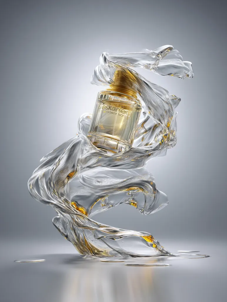 A bottle of Yves Saint Laurent Libre Eau de Parfum rests within a dynamic, sculpted wave of translucent liquid.  The liquid, with hints of amber, swirls and flows around the perfume bottle, creating a sense of movement and luxury. The bottle's gold accents complement the warm tones within the fluid sculpture, set against a neutral gray background.  The image is a striking visual representation of fragrance and fluidity.