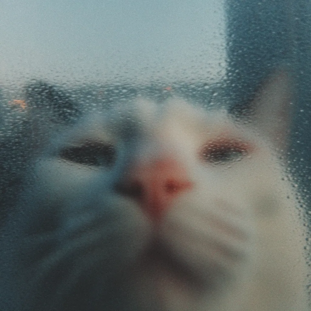 A blurry image of a white cat's face pressed against a rain-streaked window.  The cat's features are indistinct due to the condensation on the glass, creating a hazy, melancholic mood.  The background is out of focus, suggesting an outdoor scene. The overall effect is dreamy and slightly mysterious.