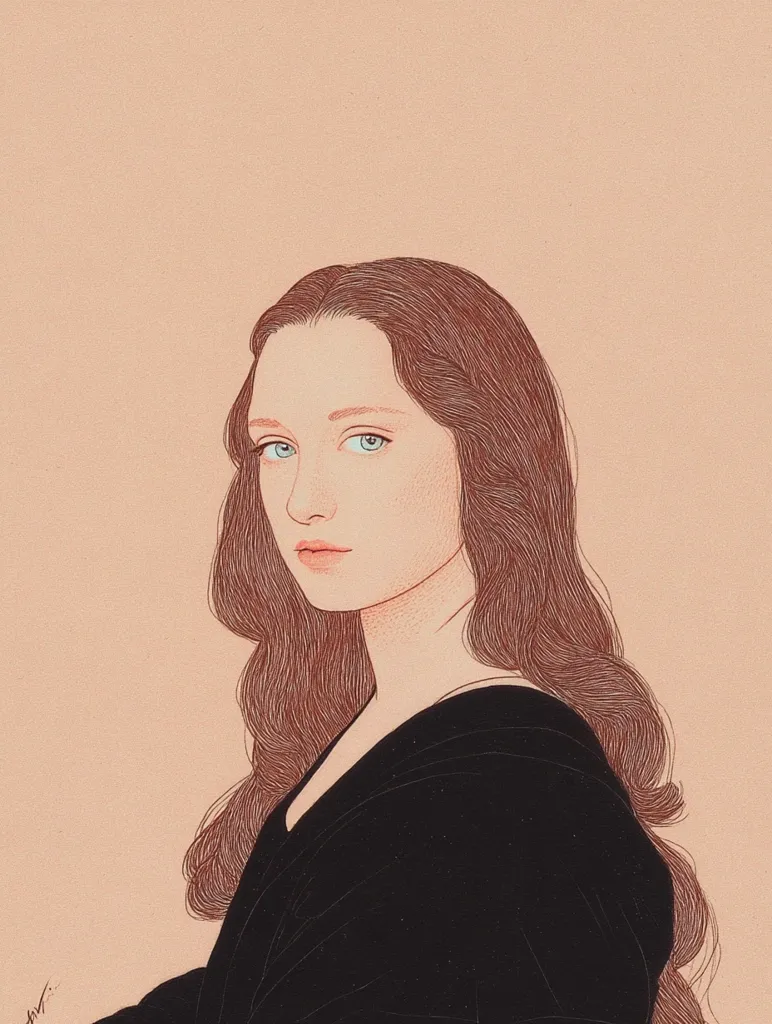 A stylized portrait of a young woman with long brown hair, wearing a dark, v-neck garment.  Her light blue eyes and delicate features are rendered in fine lines against a muted peach background. The illustration evokes a sense of calm and classic beauty, reminiscent of old master portraits but with a contemporary feel. The artist's attention to detail is evident in the rendering of the hair and the subtle shading of the face.
