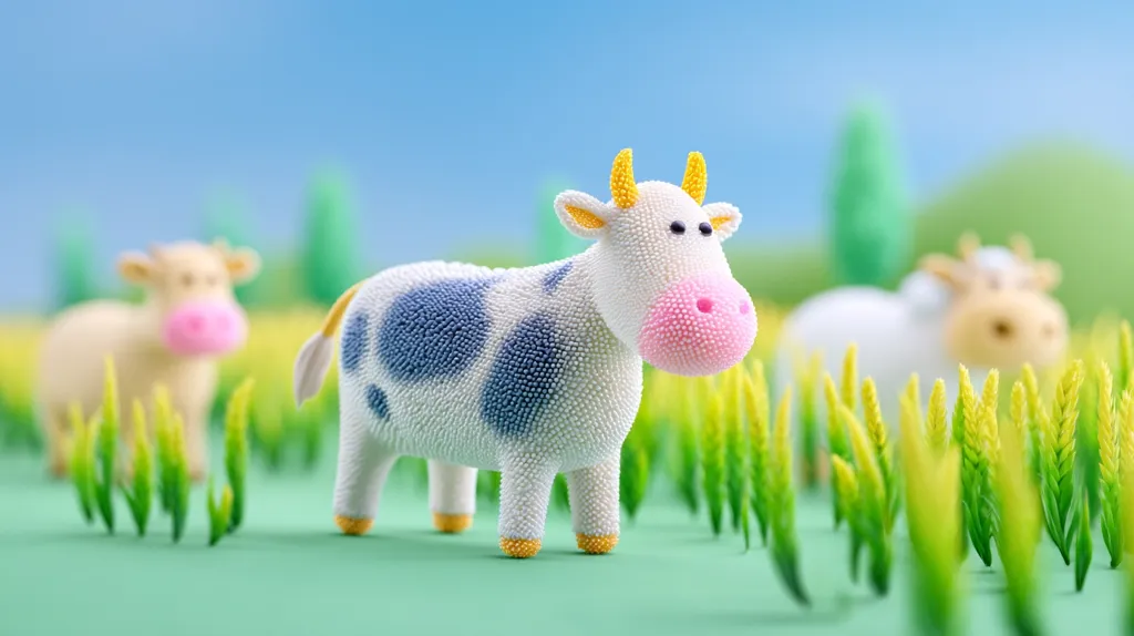 A charming 3D rendering depicts a whimsical cow, crafted from small beads, standing in a field of stylized wheat.  Two other cows, blurred in the background, add depth to the scene. The foreground is a vibrant green, contrasting with the cow's white and blue speckled coat and bright pink nose.  The overall image is cheerful and idyllic, suggesting a playful farm setting.