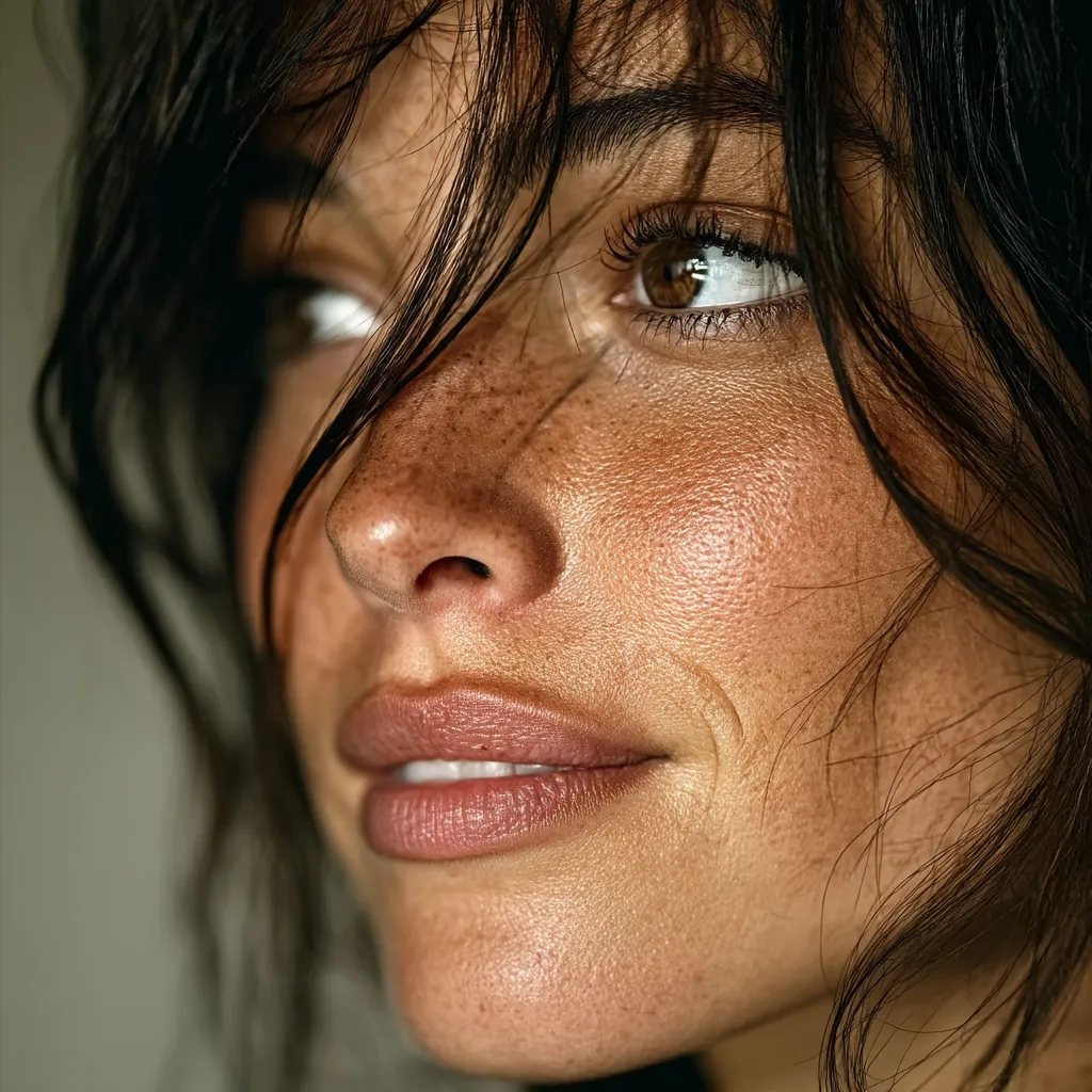 Close-up of a woman's face, showcasing her freckled complexion and dark hair falling across her face.  Her eyes are partially obscured by the hair, creating a mysterious and intimate feel. The image focuses on the texture of her skin and the subtle details of her features, highlighting her natural beauty.  A soft, warm light illuminates her face.