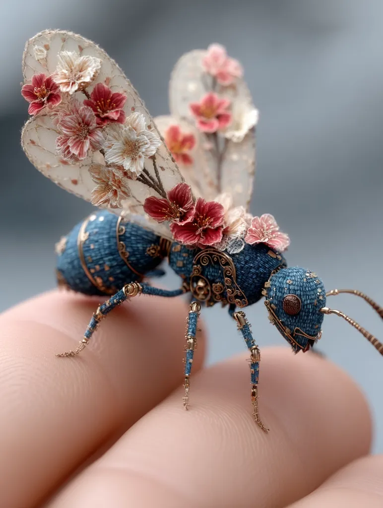 A meticulously crafted steampunk-style insect rests on a person's fingers.  Its body is a deep blue, seemingly made of denim, accented with intricate gold detailing.  Delicate, translucent wings are adorned with tiny, exquisitely rendered blossoms, creating a striking contrast between mechanical precision and floral elegance. The overall effect is one of delicate beauty and intricate artistry.