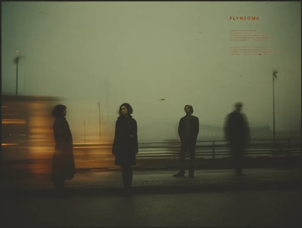 The album cover for Flynsomk features four figures silhouetted against a muted, foggy urban backdrop.  Two are sharply in focus, a woman in a coat and a man standing apart, while two others are blurred, suggesting movement or a fleeting presence. The overall mood is melancholic and atmospheric, reflecting a sense of isolation within the urban landscape.  The color palette is muted greens and grays, enhancing the somber tone.