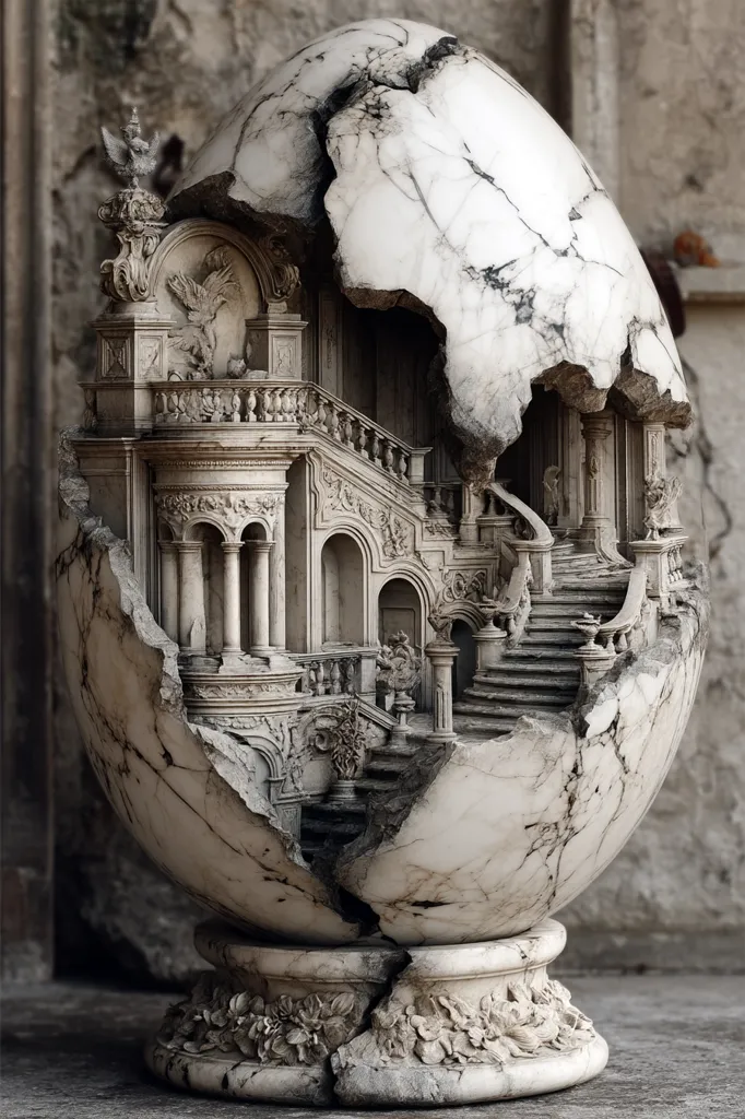 A large marble egg rests on a pedestal, its shell fractured to reveal an intricately detailed miniature baroque-style palace interior.  The palace features a grand staircase, ornate columns, and detailed carvings. The contrast between the cracked egg's rough exterior and the smooth, refined palace within creates a dramatic and surreal effect.  The monochromatic palette enhances the sense of age and grandeur.