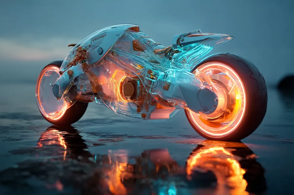 A futuristic motorcycle, seemingly transparent, is showcased in a digital rendering. Its design is sleek and aerodynamic, with vibrant orange and teal accents illuminating its inner workings.  The bike is situated on a dark, wet surface, creating a reflective image that mirrors its glowing wheels and intricate details. The overall aesthetic suggests a high-tech, possibly electric, vehicle of the future.
