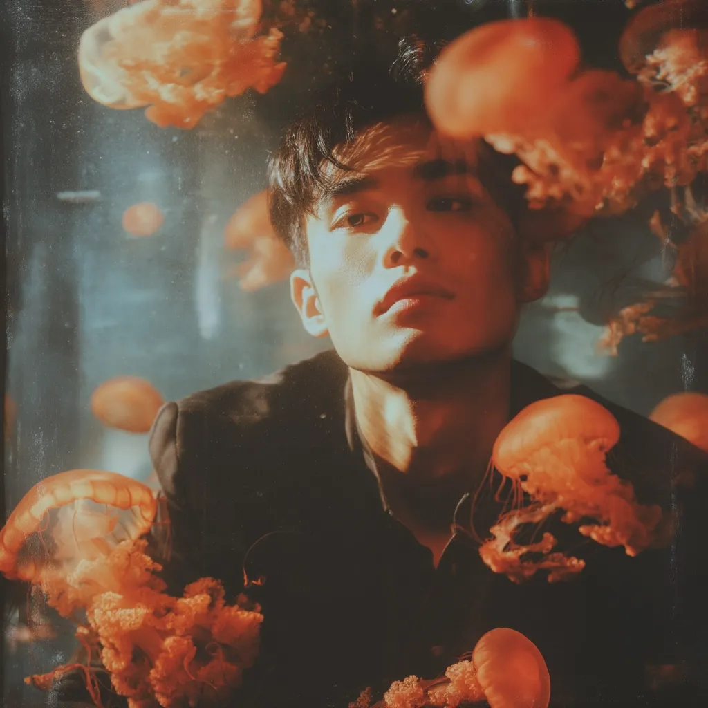 A young man with dark hair and a contemplative expression is the central focus of this artistic photograph. He's positioned against a backdrop of an aquarium, with numerous jellyfish in varying shades of orange illuminating his face. The image uses warm, golden lighting that contrasts with the cool tones of the aquarium's background, creating a captivating and mysterious mood.  The overall aesthetic is one of surreal beauty and intriguing depth.