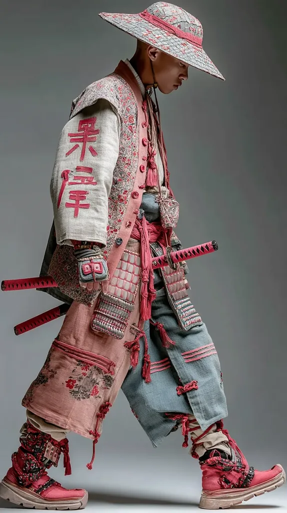 A model strides in a striking, avant-garde interpretation of samurai attire.  The outfit blends traditional Japanese elements, like a wide-brimmed hat and layered fabrics, with contemporary design.  Pink and grey hues dominate the ensemble, featuring intricate floral patterns and  red accents.  Two katana swords are held at the hip, adding to the powerful, yet artistic, presentation.  The footwear is a modern twist on traditional samurai boots.