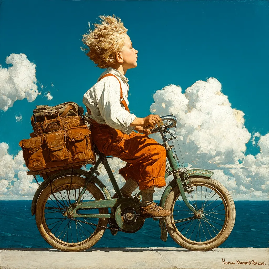 A young boy with windswept blond hair rides a vintage bicycle along a seaside road.  He's dressed in a white shirt and orange trousers, and a large, brown satchel is strapped to the bike's rear carrier.  The scene is idyllic, with a bright blue sky filled with fluffy white clouds and a calm ocean in the background. The overall style evokes a nostalgic sense of childhood adventure.