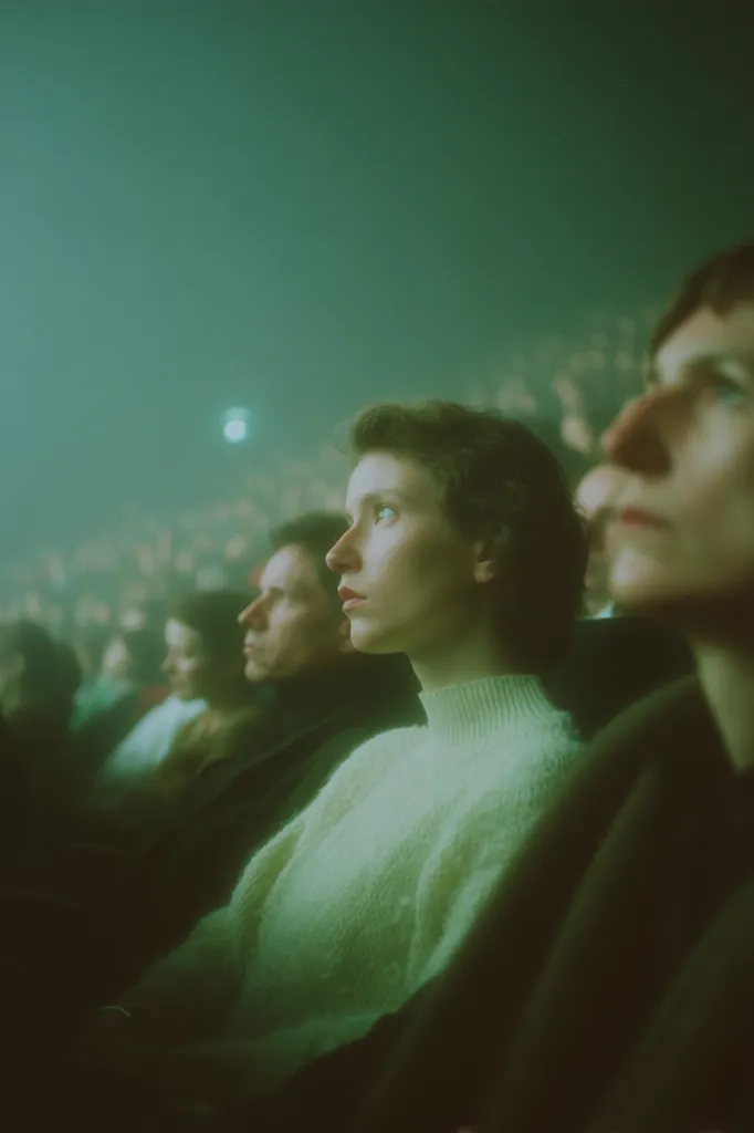 A woman in a light green sweater sits in a crowded auditorium, her gaze directed upward.  The dimly lit space is bathed in an ethereal green glow.  Other audience members are visible in the background, their faces blurred by the soft focus. The atmosphere is serene and contemplative, suggestive of a performance or lecture.
