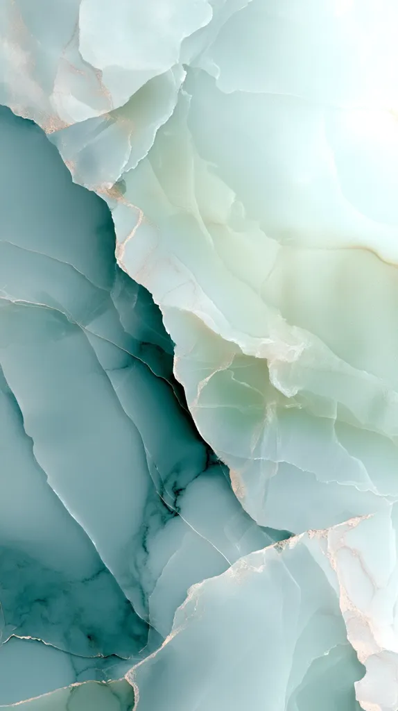 The image showcases a stunning abstract design resembling a teal and light green onyx marble.  The swirling patterns and varying shades of the stone create a sense of depth and fluidity.  Veins of lighter color accentuate the texture, giving it a luxurious and ethereal feel.  The overall effect is calming and visually captivating.