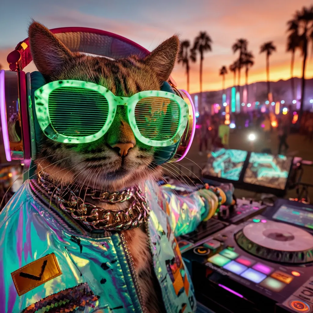 A tabby cat, decked out in oversized neon green sunglasses and vibrant iridescent jacket, dons headphones at a lively outdoor music festival.  A chunky gold chain adorns its neck.  The cat appears to be DJing, positioned at a mixing console amidst a backdrop of colorful lights and a large crowd.  The scene evokes a fun, whimsical, and stylish atmosphere.