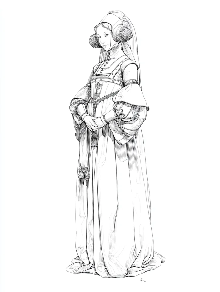 A meticulously detailed pen-and-ink drawing portrays a woman in elaborate 15th-century attire.  She stands in profile, her hands clasped before her.  Her gown is long and flowing, featuring voluminous sleeves and a high-necked bodice with intricate detailing.  A distinctive headdress, possibly a French hennin, completes the ensemble. The artist's skill is evident in the rendering of the fabric's texture and the subtle shading. The overall style evokes a sense of historical elegance and precision.
