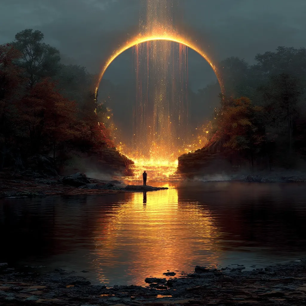 A solitary figure stands on a rocky outcrop, gazing at a mesmerizing spectacle. A luminous, golden waterfall cascades through a circular, ethereal portal nestled within a tranquil forest.  The water reflects the vibrant glow, creating a breathtaking scene of serenity and otherworldly beauty. The overall mood is one of awe and wonder.