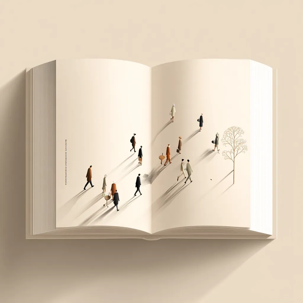 An open book reveals a miniature world within its pages.  Tiny figures, appearing as pedestrians, traverse a path across the spread, their shadows stretching long. A small, leafless tree stands subtly near the right edge, adding a touch of quiet contemplation to the scene. The overall aesthetic is minimalist and serene, suggesting a story unfolding or a journey within the pages of a book.