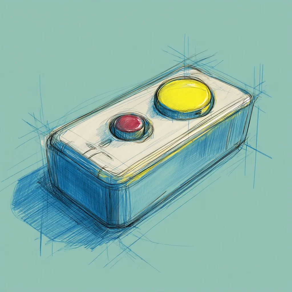 A sketch-style illustration depicts a rectangular device with two prominent buttons.  One button is red, the other yellow.  The device is rendered with light blue sketching lines suggesting a design process, resting on a pale teal background. The style is reminiscent of a technical drawing or conceptual design. The buttons appear to be recessed into the device's surface.