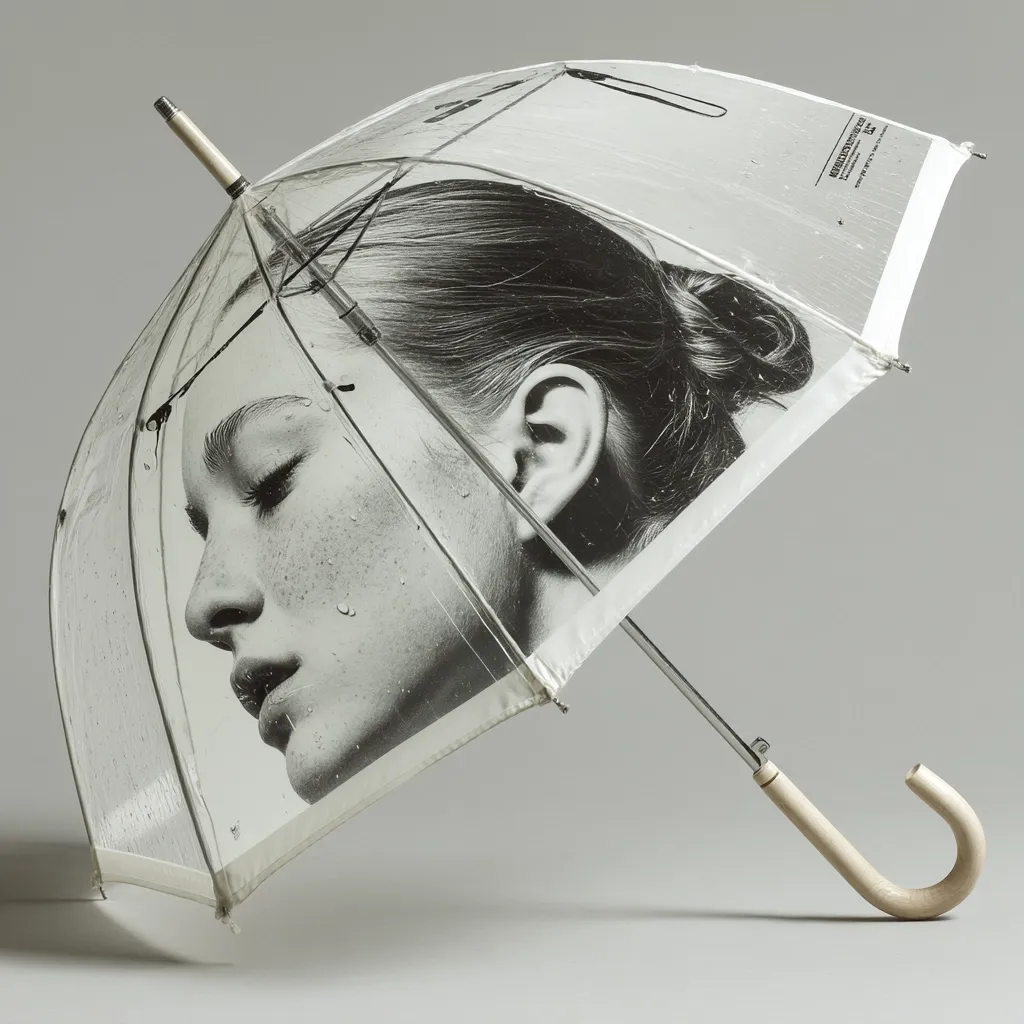 A transparent umbrella features a black and white photographic print of a woman's face and hair on its canopy. The image is partially obscured by the umbrella's framework, creating a visually striking juxtaposition of transparency and opacity. Water droplets are visible on the woman's face, adding to the overall mood and suggesting a rainy setting. The umbrella's handle is a light beige, contrasting with the metallic frame.