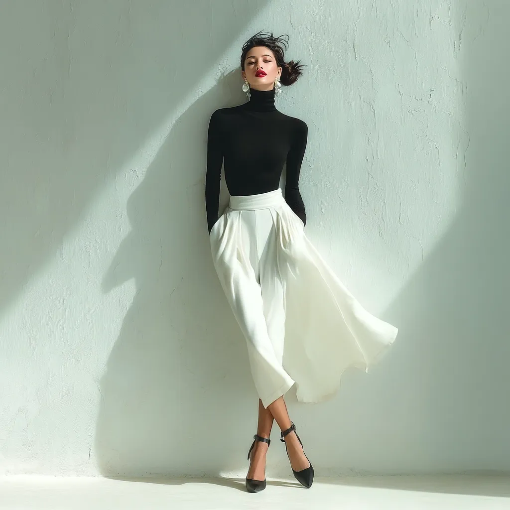 A stylish woman leans against a light wall, exuding elegance. She's dressed in a black turtleneck, paired with flowing, high-waisted white culottes.  Her dark hair is swept back, and she wears delicate earrings and black heels.  Sunlight casts shadows, highlighting the contrast between her outfit and the backdrop, creating a sophisticated and chic image.