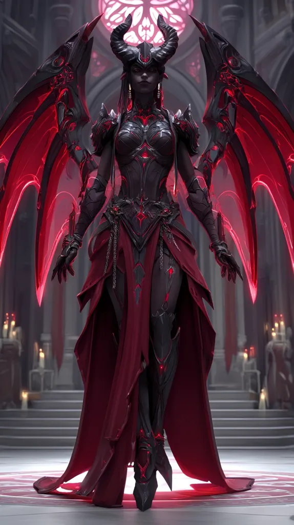 A dark-skinned female figure, adorned in a crimson gown and black armor, stands majestically.  Large, glowing red wings extend from her back, and she wears imposing horns.  The intricate details of her attire and the ominous setting suggest a powerful, possibly demonic, character.  She is poised within a grand, gothic-style hall, lit by a faint, ethereal glow.