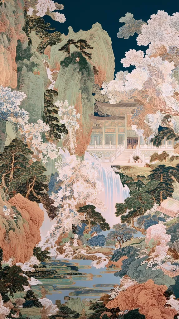 A serene landscape painting depicts a cascading waterfall flowing into a tranquil pool.  Lush greenery, blossoming trees, and rocky cliffs surround a majestic, pale-colored pavilion perched above the falls.  The artwork showcases intricate details and a harmonious blend of colors, evoking a sense of peace and natural beauty. The style suggests a traditional East Asian aesthetic.