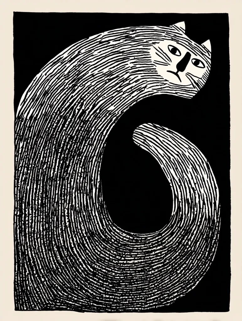 A black and white linocut depicts a stylized cat.  The cat's body is rendered as a series of concentric circles, creating a swirling effect.  Its face is simple yet expressive, with distinct features. The image is minimalist, focusing on bold lines and strong contrasts, giving it a graphic, almost abstract quality. The overall effect is both playful and elegant.