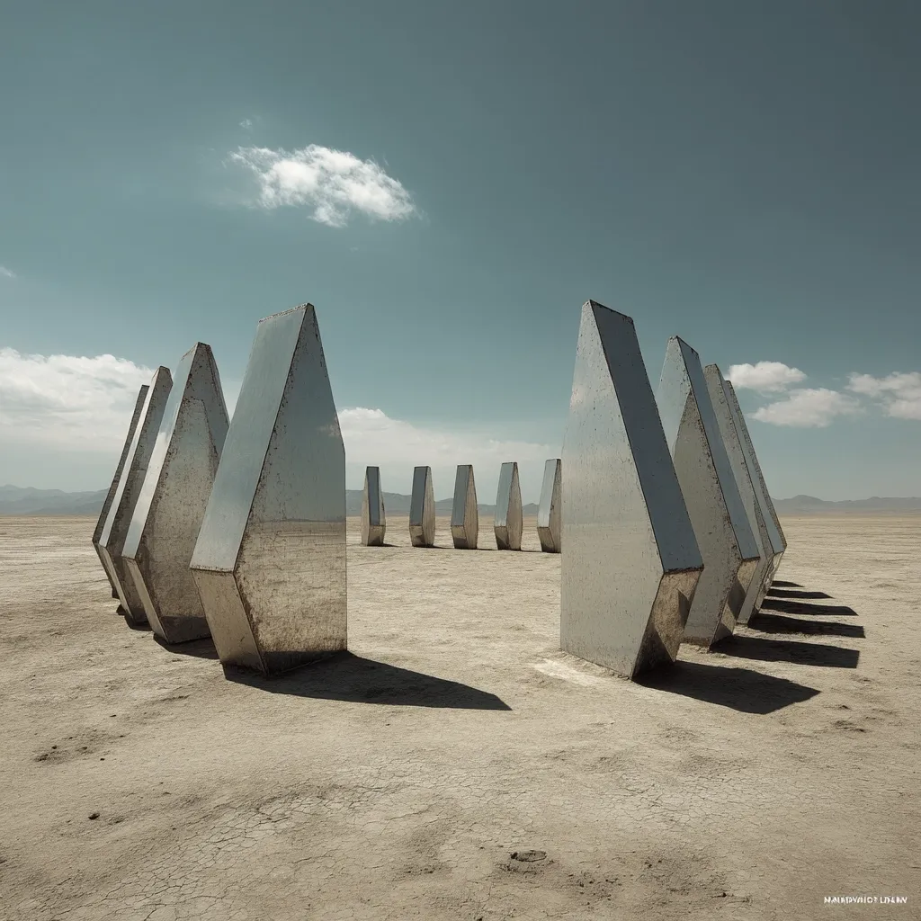 A striking arrangement of mirrored, diamond-shaped sculptures stands in a desert landscape under a pale blue sky.  The metallic forms are arranged in a semi-circle, reflecting the sky and the parched earth. The shadows cast by the sculptures emphasize their angular shapes and the vast emptiness of their surroundings, creating a stark and beautiful image. The overall impression is one of minimalist grandeur and serene isolation.