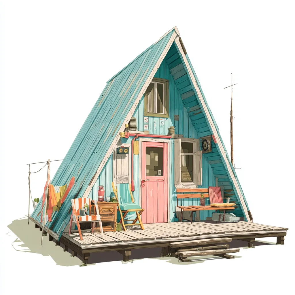 A charming, weathered A-frame cabin, painted in pastel blue and pink, sits on a wooden deck.  The exterior shows a unique collection of objects and decorations.  Clothing hangs on a line nearby.  The scene evokes a sense of coastal relaxation and simple living, with a whimsical, slightly worn aesthetic.  The illustration is detailed and vibrant, capturing a peaceful, cozy atmosphere.