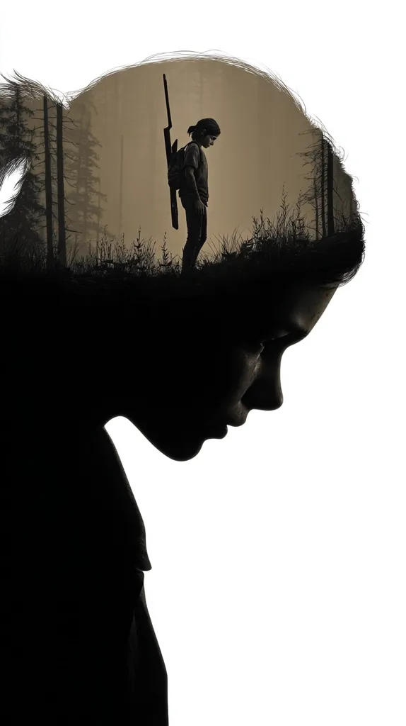 A double exposure image shows a silhouette of a girl's head and shoulders. Inside her head is a sepia-toned image of a young girl carrying a rifle, standing in a forest. The image evokes a sense of loneliness, resilience, and the weight of responsibility. The contrast between the dark silhouette and the lighter inner image creates a powerful visual effect.