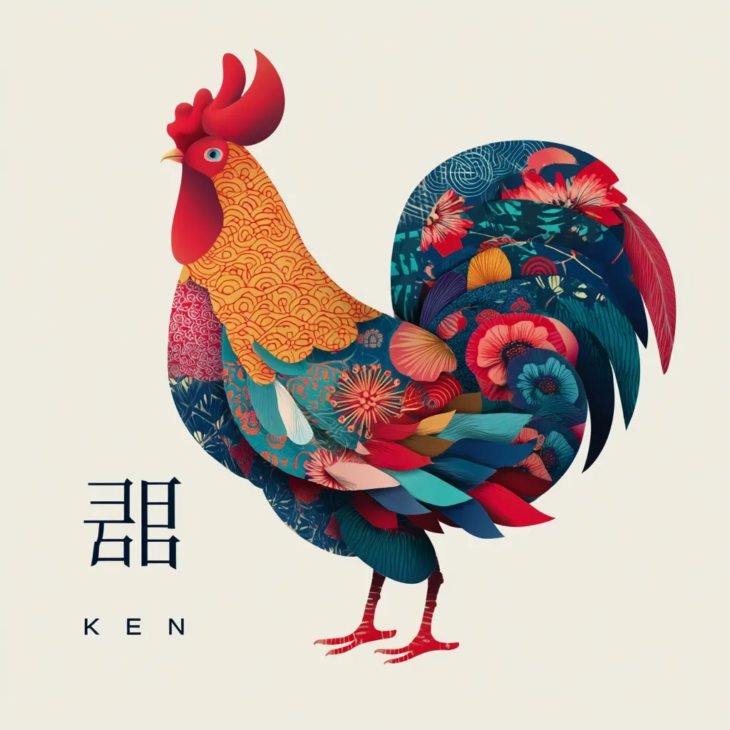 A vibrant illustration of a rooster, its plumage a collage of intricate floral and geometric patterns in rich jewel tones.  The rooster's body is a tapestry of blues, reds, oranges, and golds, creating a visually striking image.  The Chinese character for "rooster" (雞, Ji) and its pinyin "KEN" are displayed beneath the bird.  The style suggests a blend of traditional Chinese art and modern design.